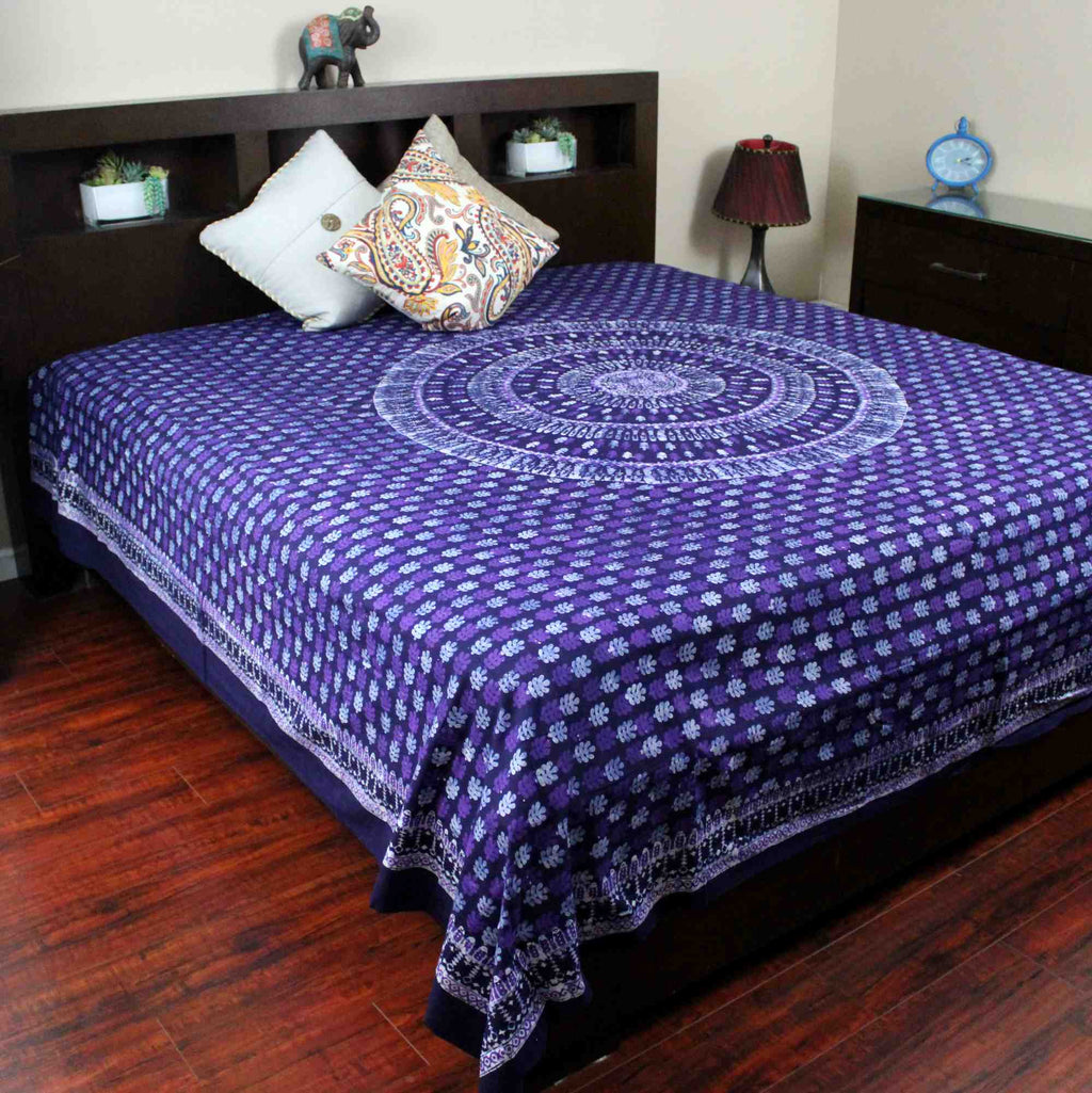 Handmade Cotton Batik Tulsi Leaf Mandala Tapestry Tablecloth Spread Purple Queen - Sweet Us