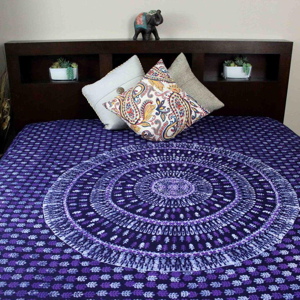 Handmade Cotton Batik Tulsi Leaf Mandala Tapestry Tablecloth Spread Purple Queen - Sweet Us
