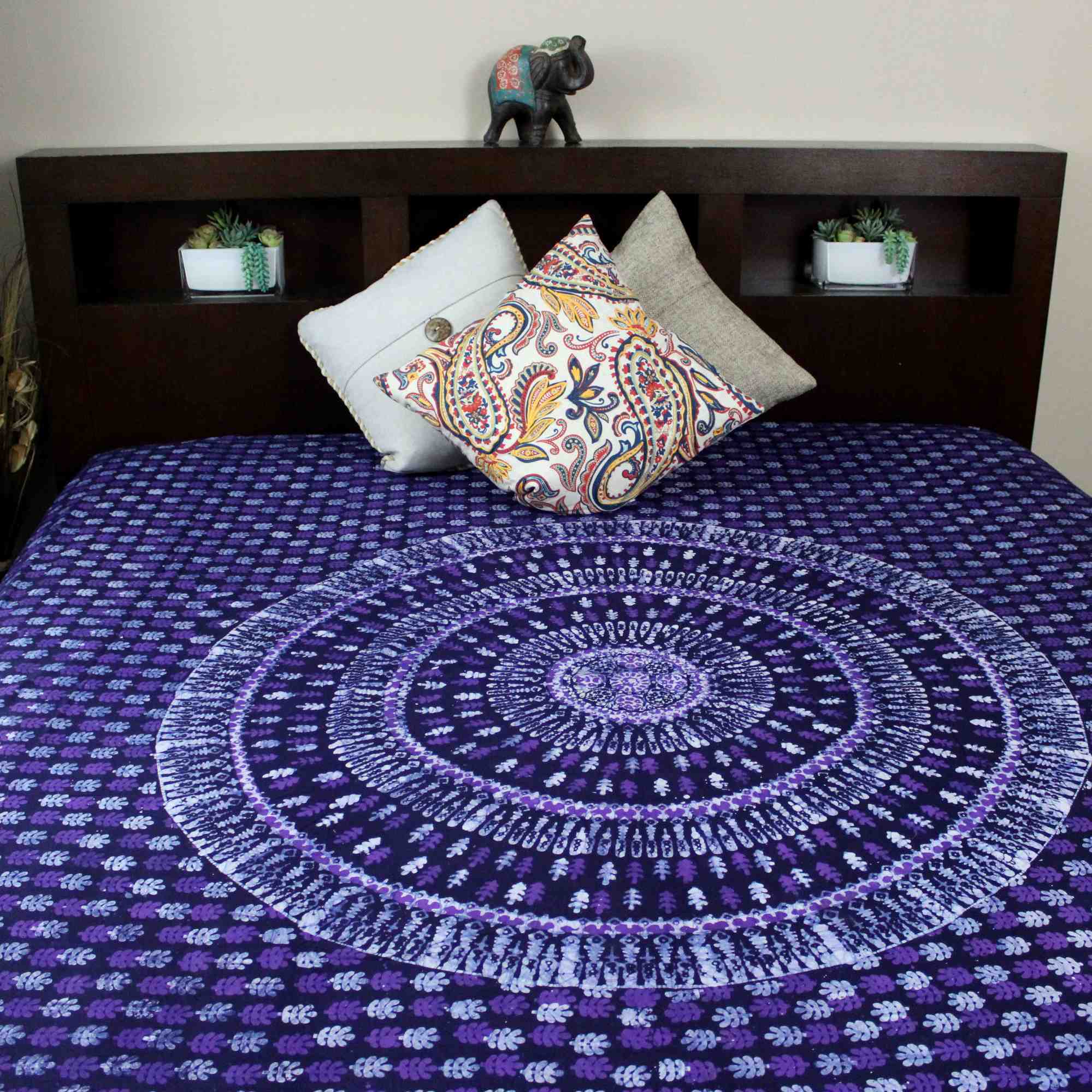 Handmade Cotton Batik Tulsi Leaf Mandala Tapestry Tablecloth Spread Purple Queen - Sweet Us