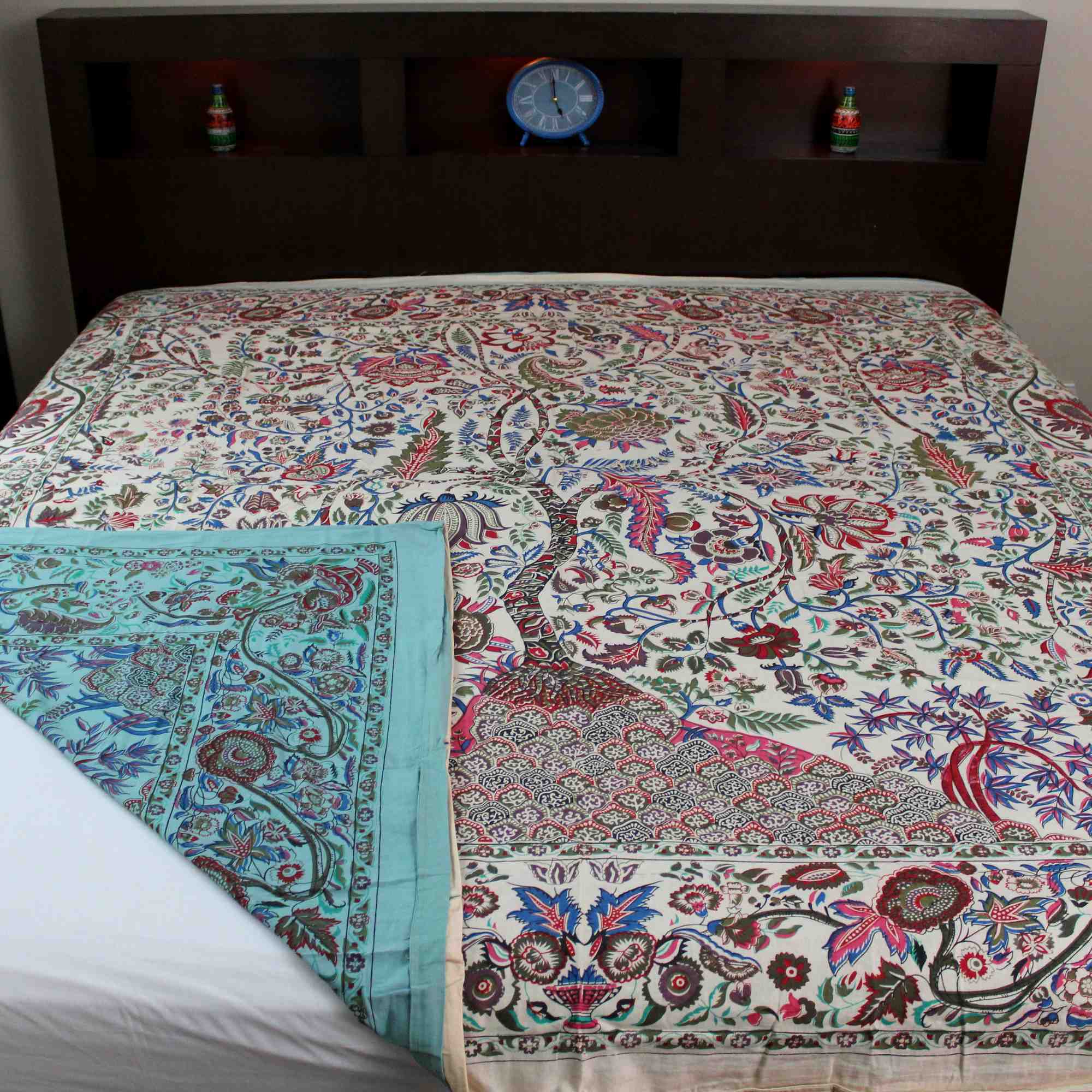 Handmade Cotton Floral Tree of Life Reversible Duvet Cover Queen Full Green Beige - Sweet Us