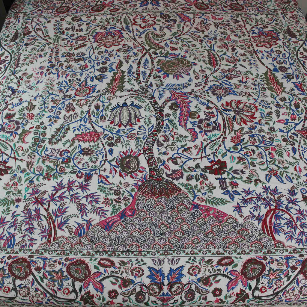 Handmade Cotton Floral Tree of Life Reversible Duvet Cover Queen Full Green Beige - Sweet Us