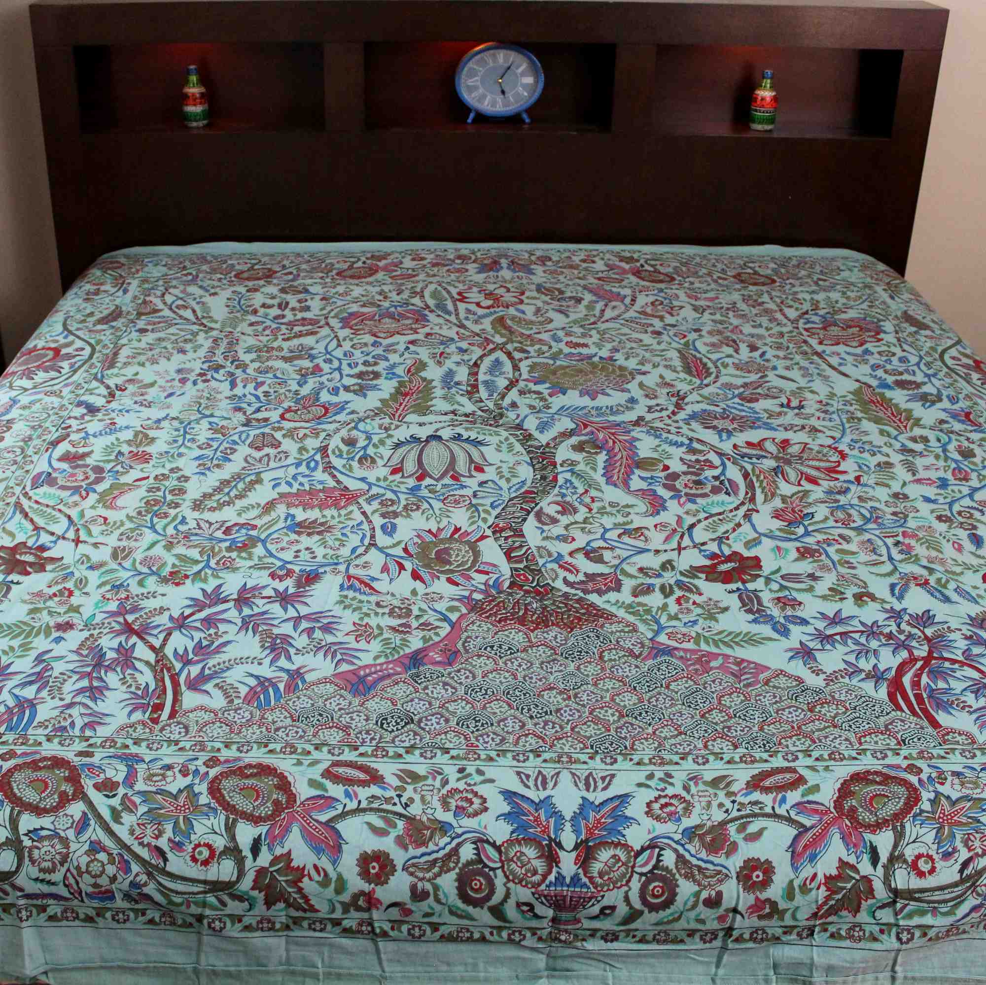 Handmade Cotton Floral Tree of Life Reversible Duvet Cover Queen Full Green Beige - Sweet Us