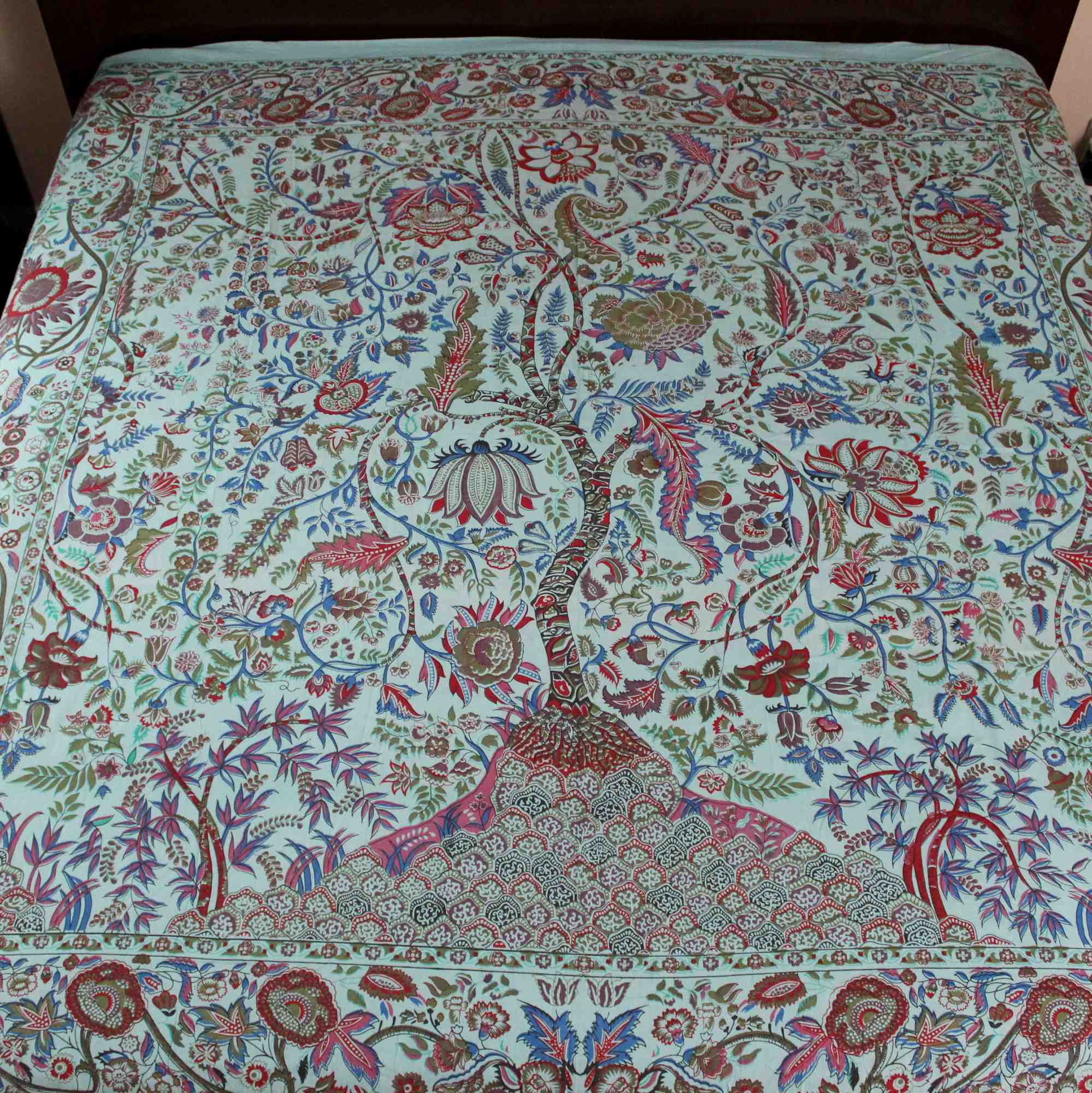 Handmade Cotton Floral Tree of Life Reversible Duvet Cover Queen Full Green Beige - Sweet Us