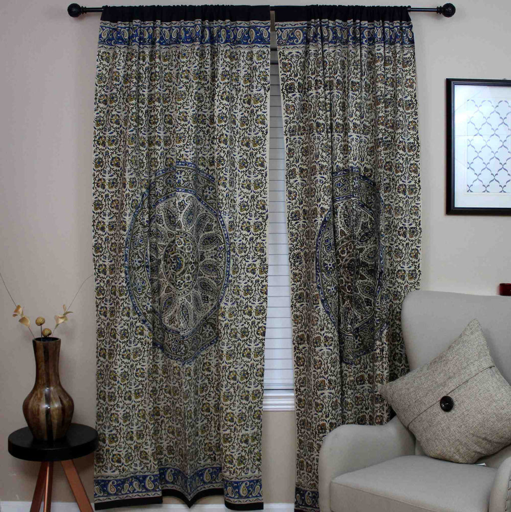 Kalamkari Block Print Curtain Paisley Floral Mandala Drape Panel 46 x 88 inches - Sweet Us