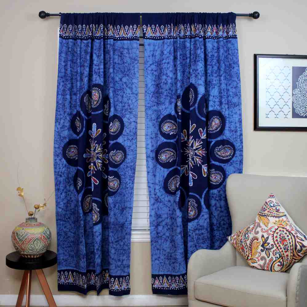 Cotton Multi Batik Floral Mandala Block Print Curtain Drape Blue Green 47x85 - Sweet Us