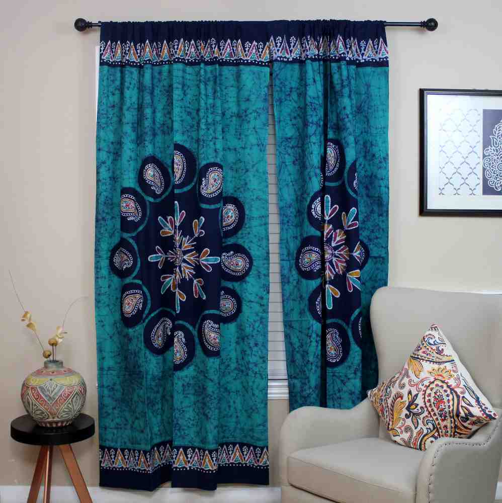 Cotton Multi Batik Floral Mandala Block Print Curtain Drape Blue Green 47x85 - Sweet Us
