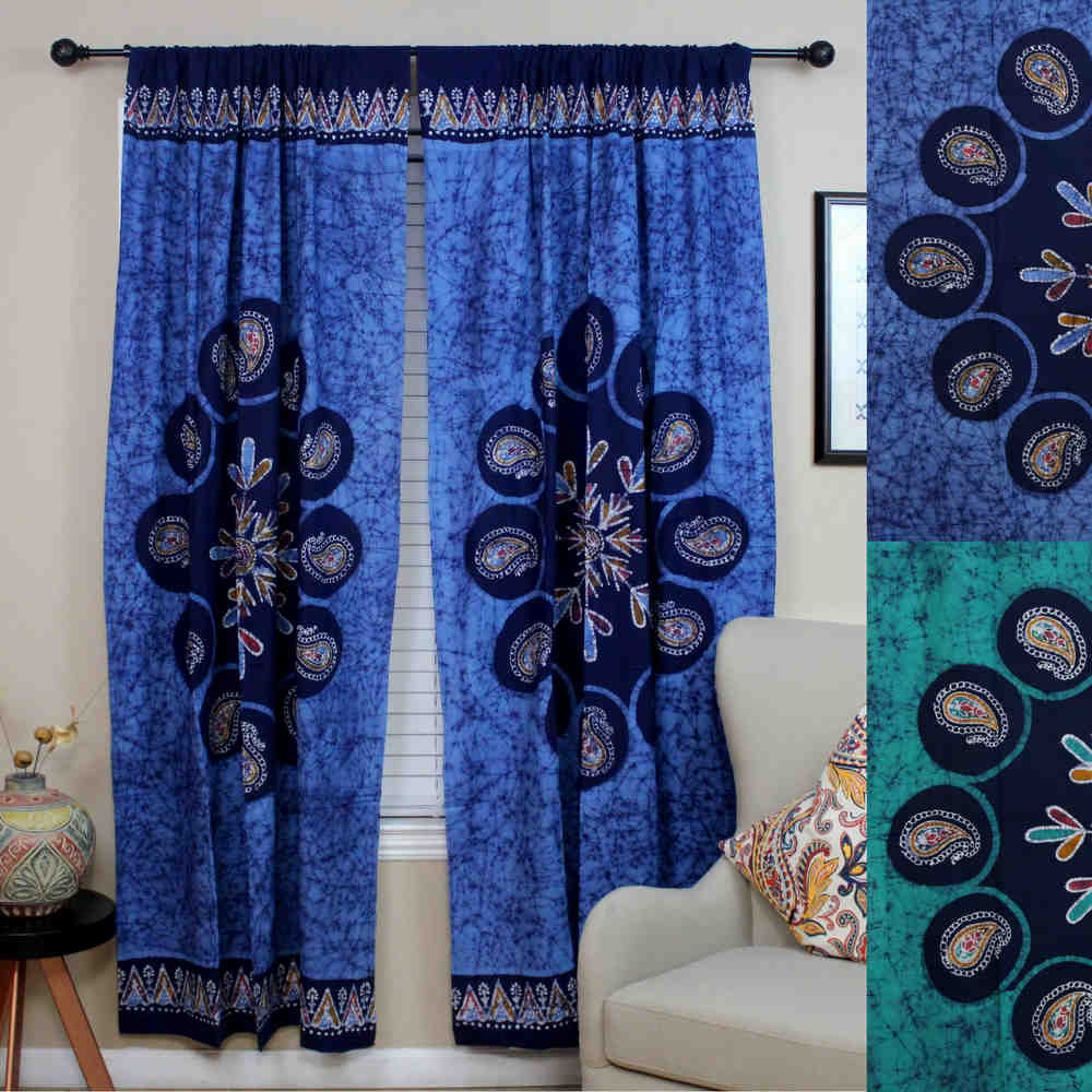 Cotton Multi Batik Floral Mandala Block Print Curtain Drape Blue Green 47x85 - Sweet Us