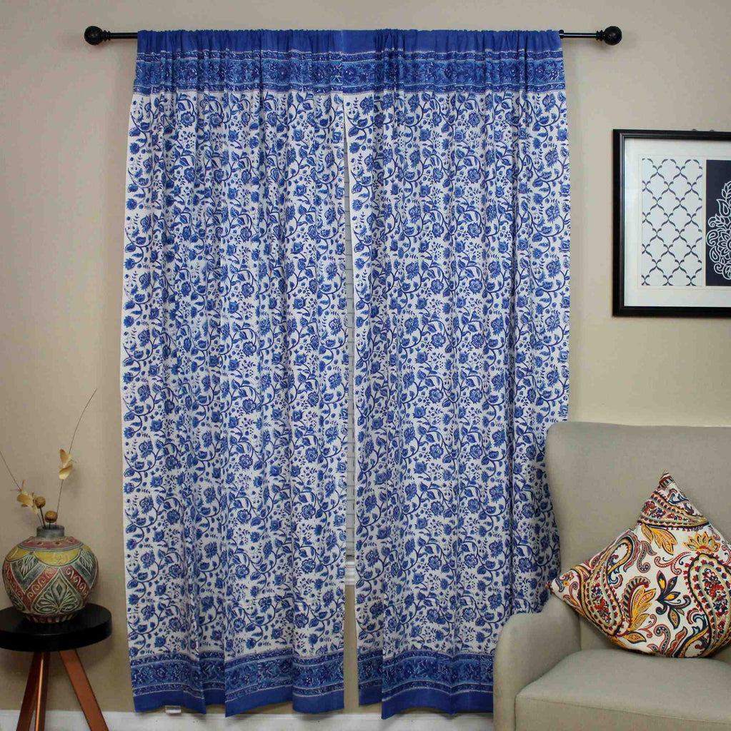 Handmade Cotton Rajasthan Block Floral Print Curtain Drape Panel Blue 46x88 - Sweet Us