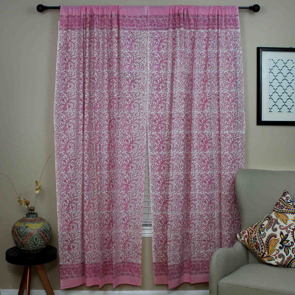Handmade Cotton Rajasthan Block Floral Print Curtain Drape Panel Pink 46x85 Inches - Sweet Us