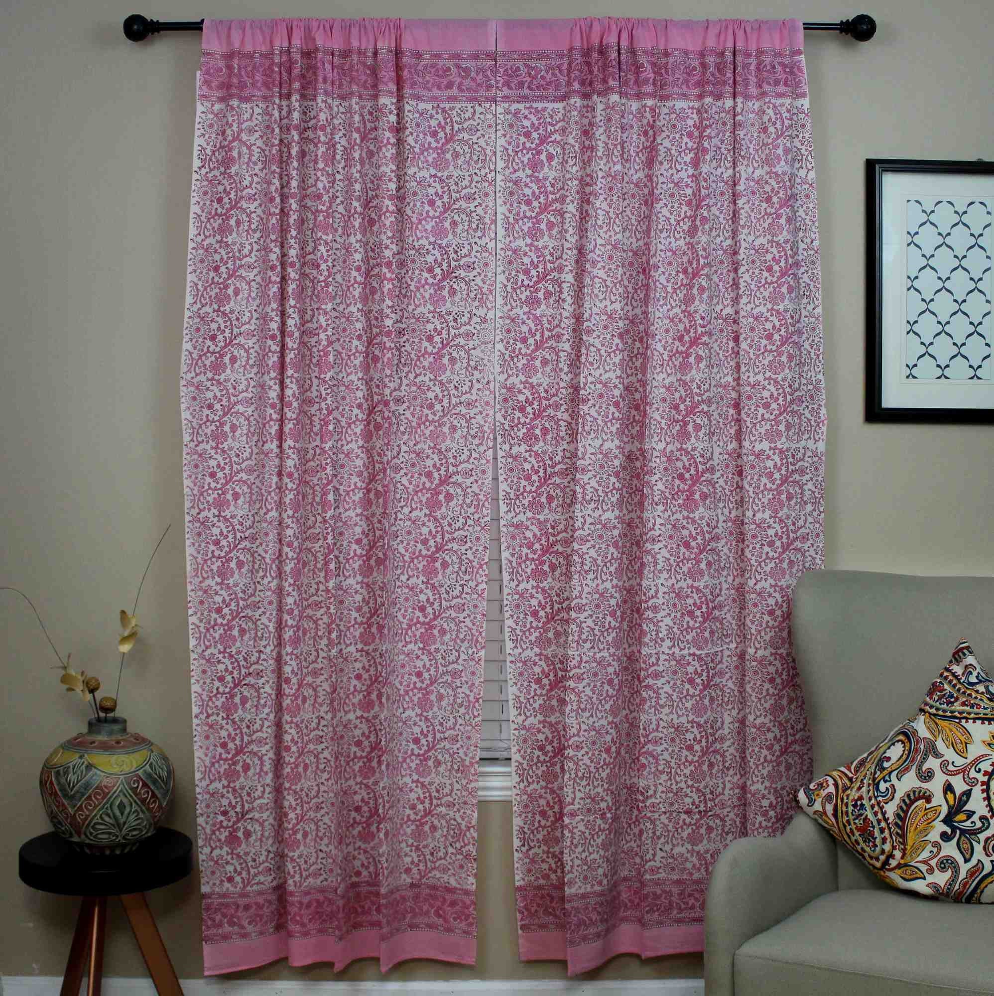 Handmade Cotton Rajasthan Block Floral Print Curtain Drape Panel Pink 46x85 Inches - Sweet Us