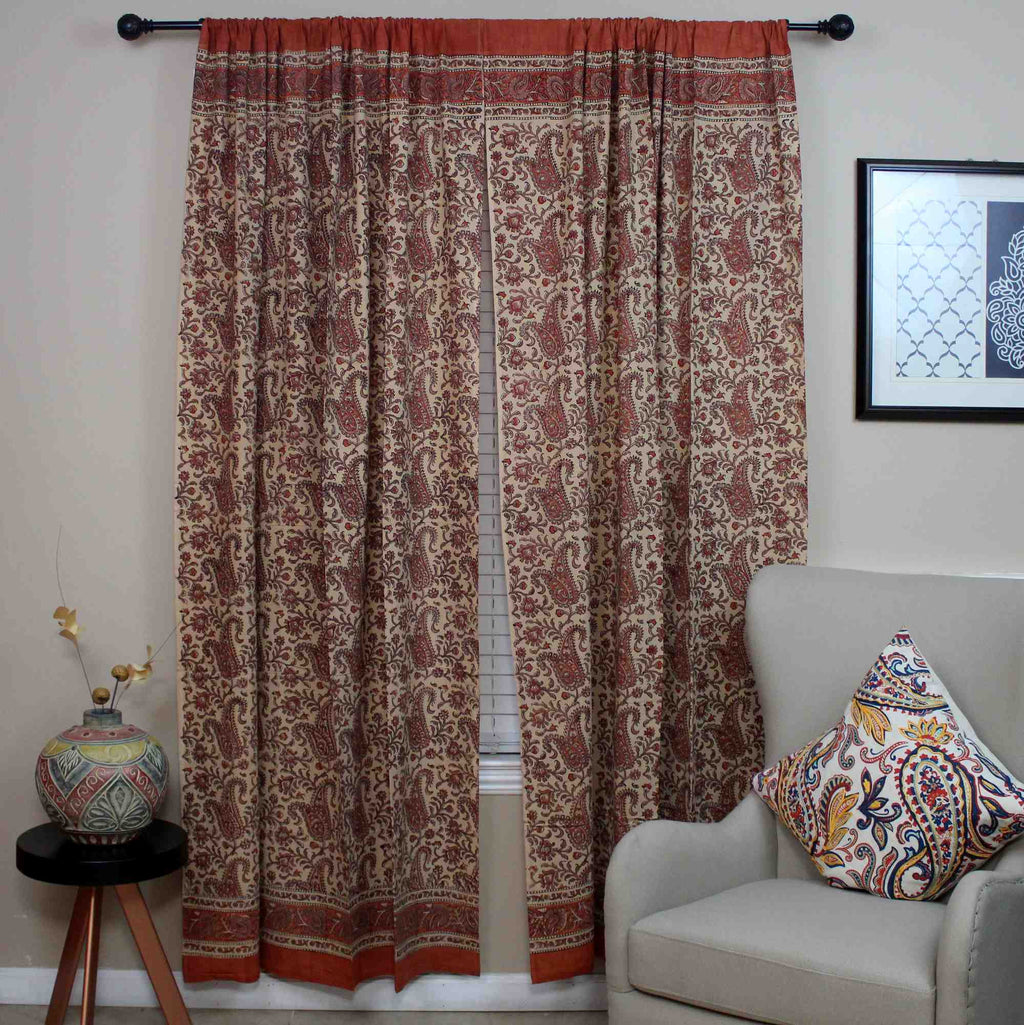 Handmade Cotton Rajasthan Paisley Floral Print Curtain Drape Panel Coral Peach 47x85 - Sweet Us