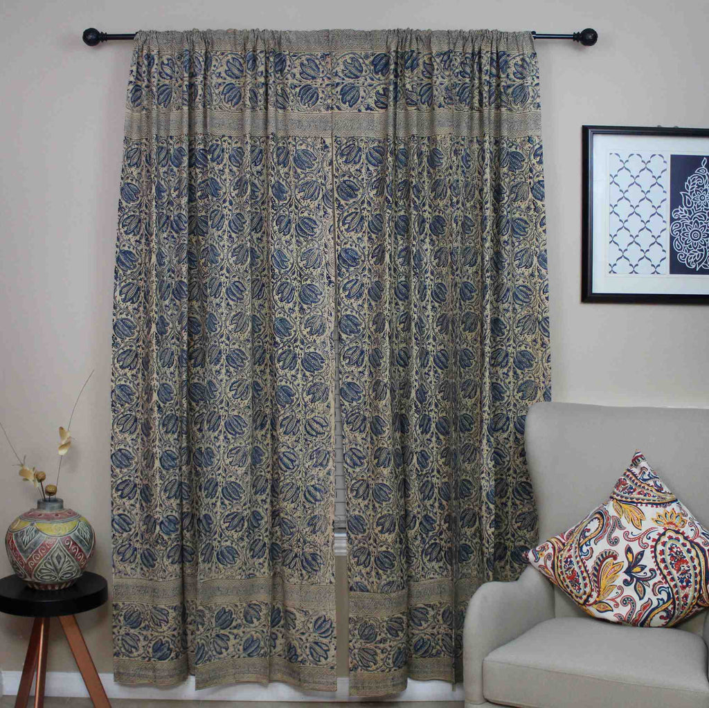 Handmade Cotton Block Print Veggie Dye Curtain Panel Cotton 46x84 Blue - Sweet Us