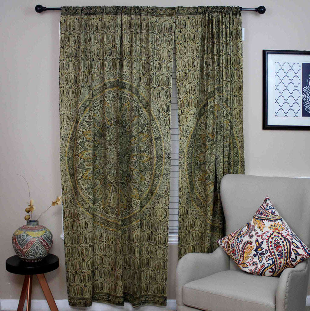 Cotton Mandala Floral Block Print Veggie Dye Curtain Panel 46x84 Olive Green - Sweet Us