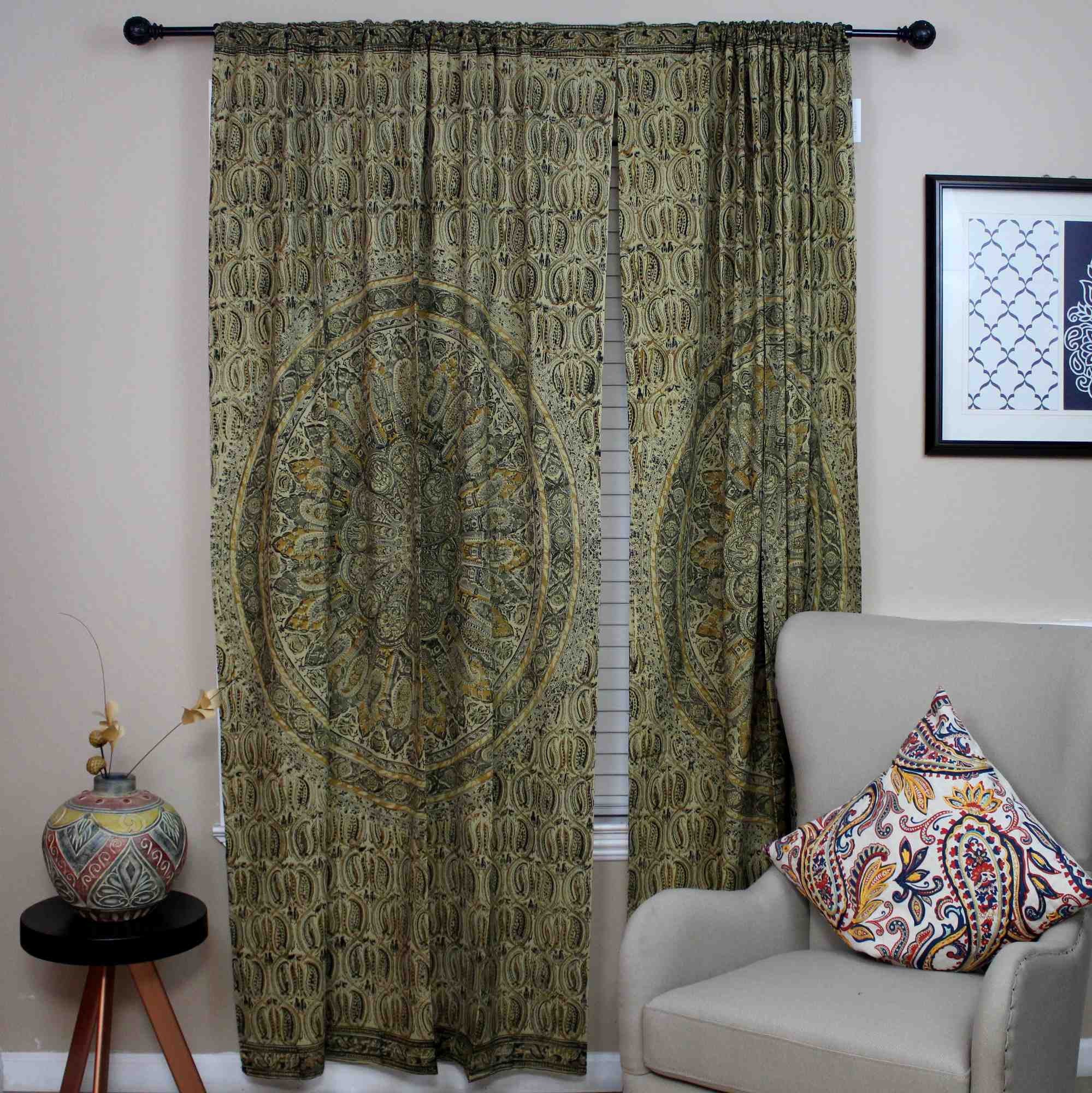 Cotton Mandala Floral Block Print Veggie Dye Curtain Panel 46x84 Olive Green - Sweet Us