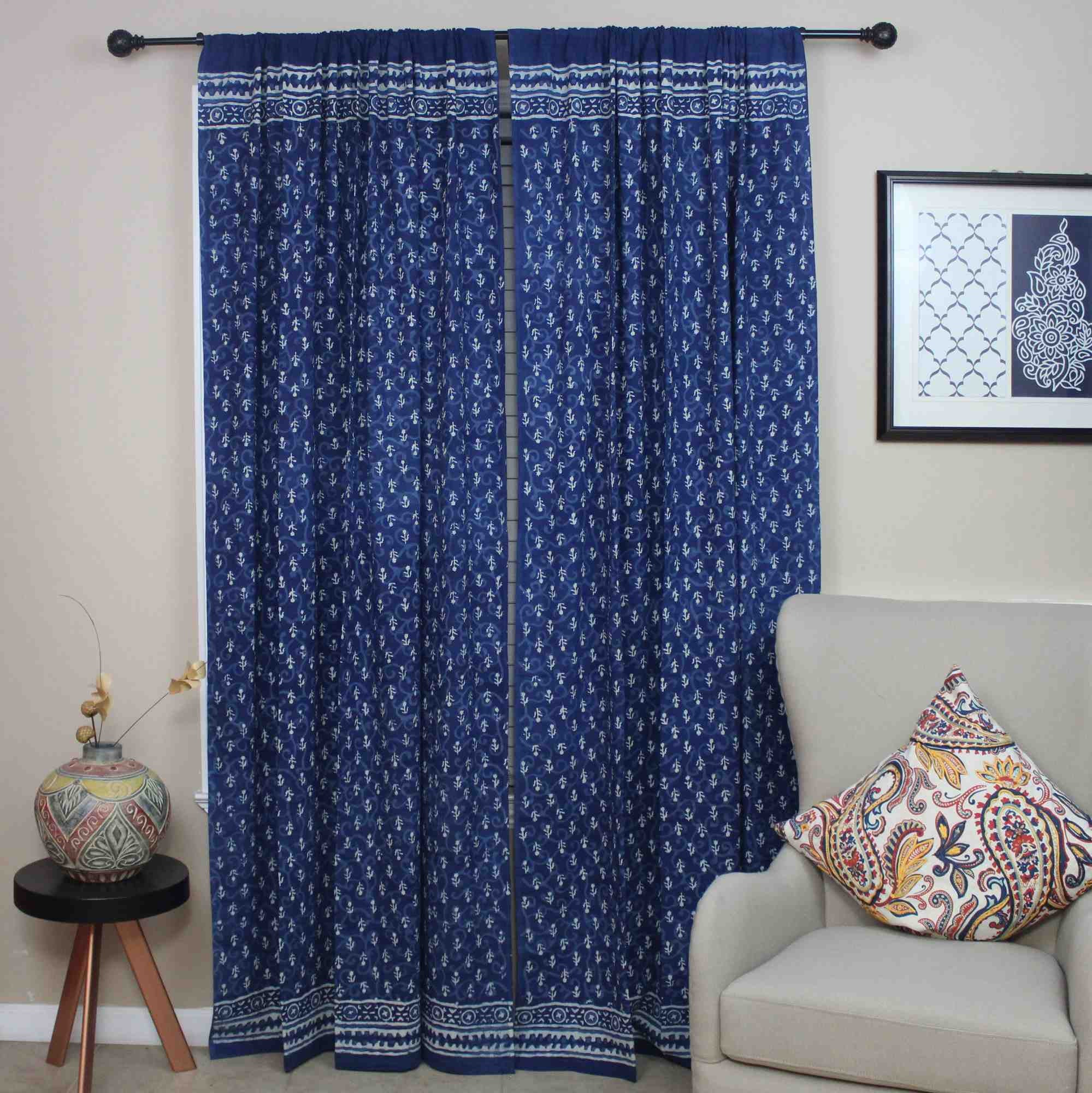 Block Print Dabu Cotton Floral Curtain Drape Panel 46x88 Indigo Blue - Sweet Us