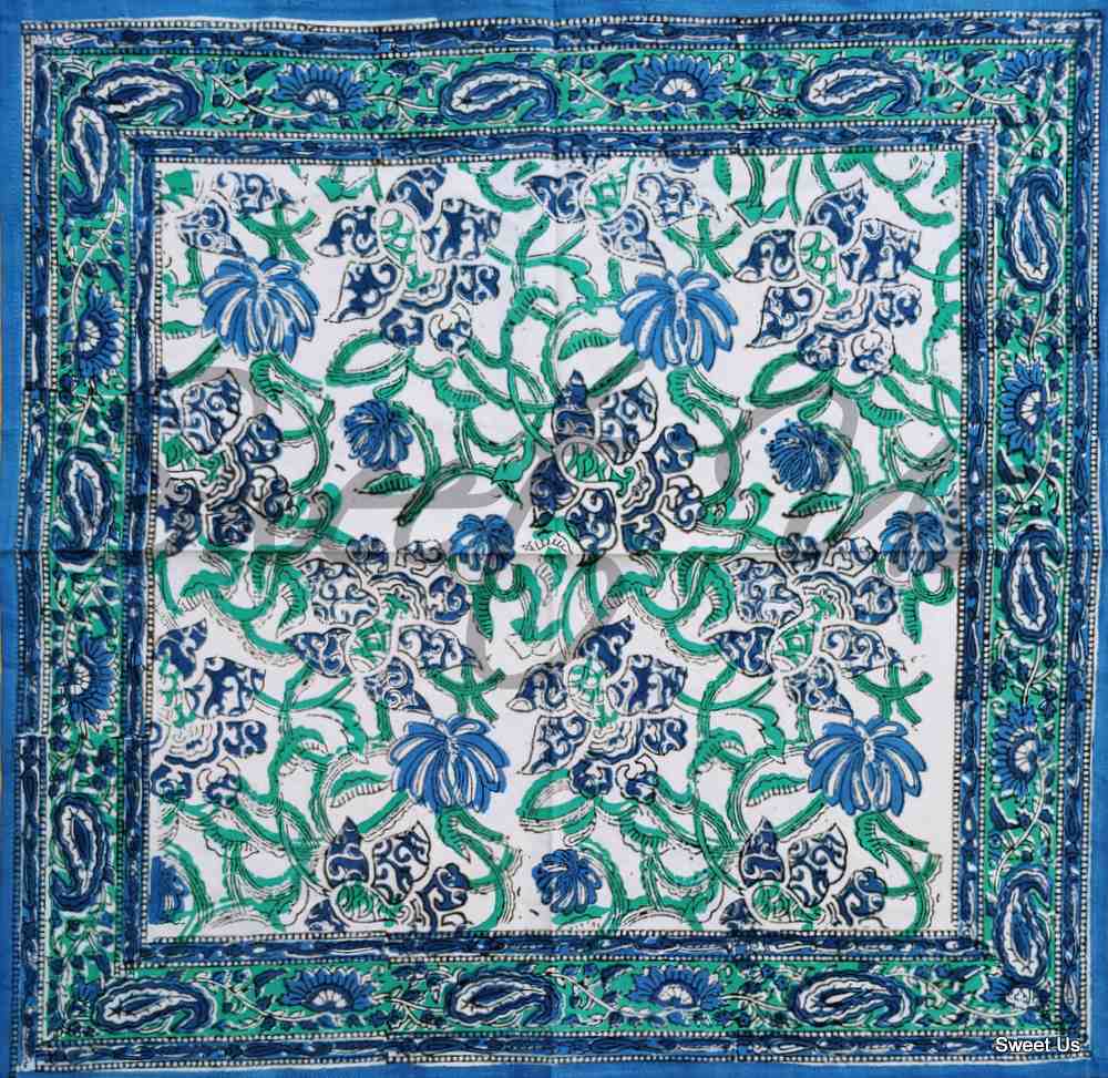 Block Print Paisley Tablecloth-Rectangle Square Round Table-Cotton Blue Green - Sweet Us