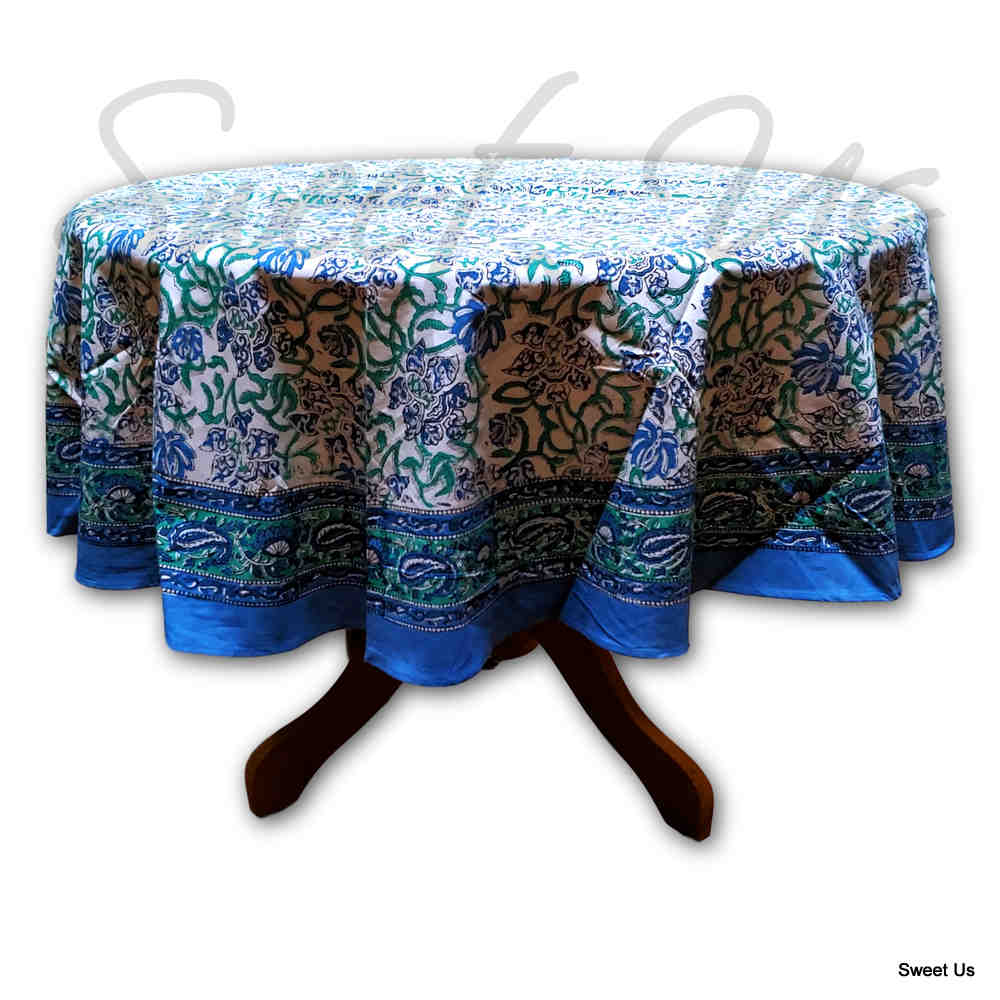 Block Print Paisley Tablecloth-Rectangle Square Round Table-Cotton Blue Green - Sweet Us
