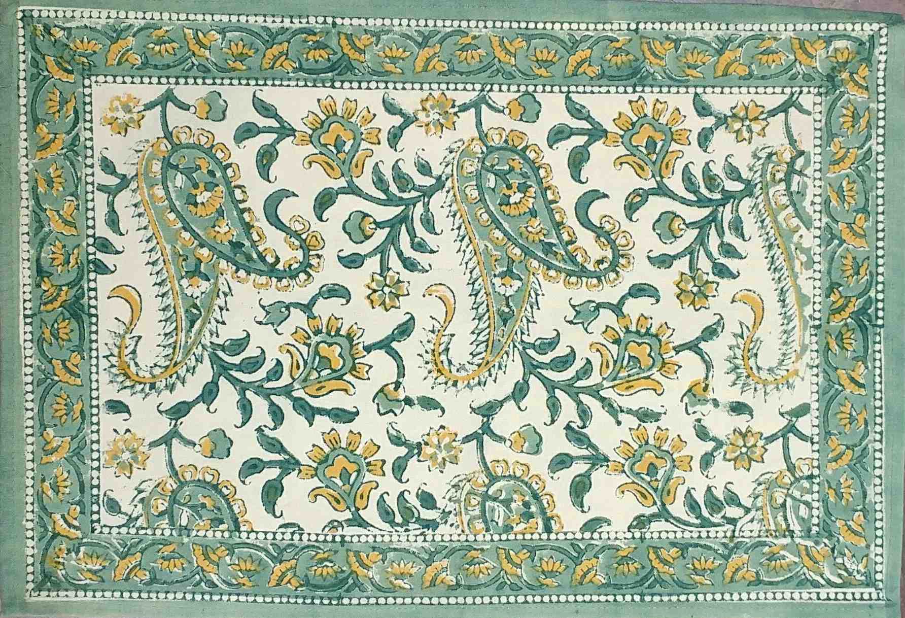 Floral Block Print Cotton Round Tablecloth Rectangle 60x90 Green Yellow Sq Linen - Sweet Us