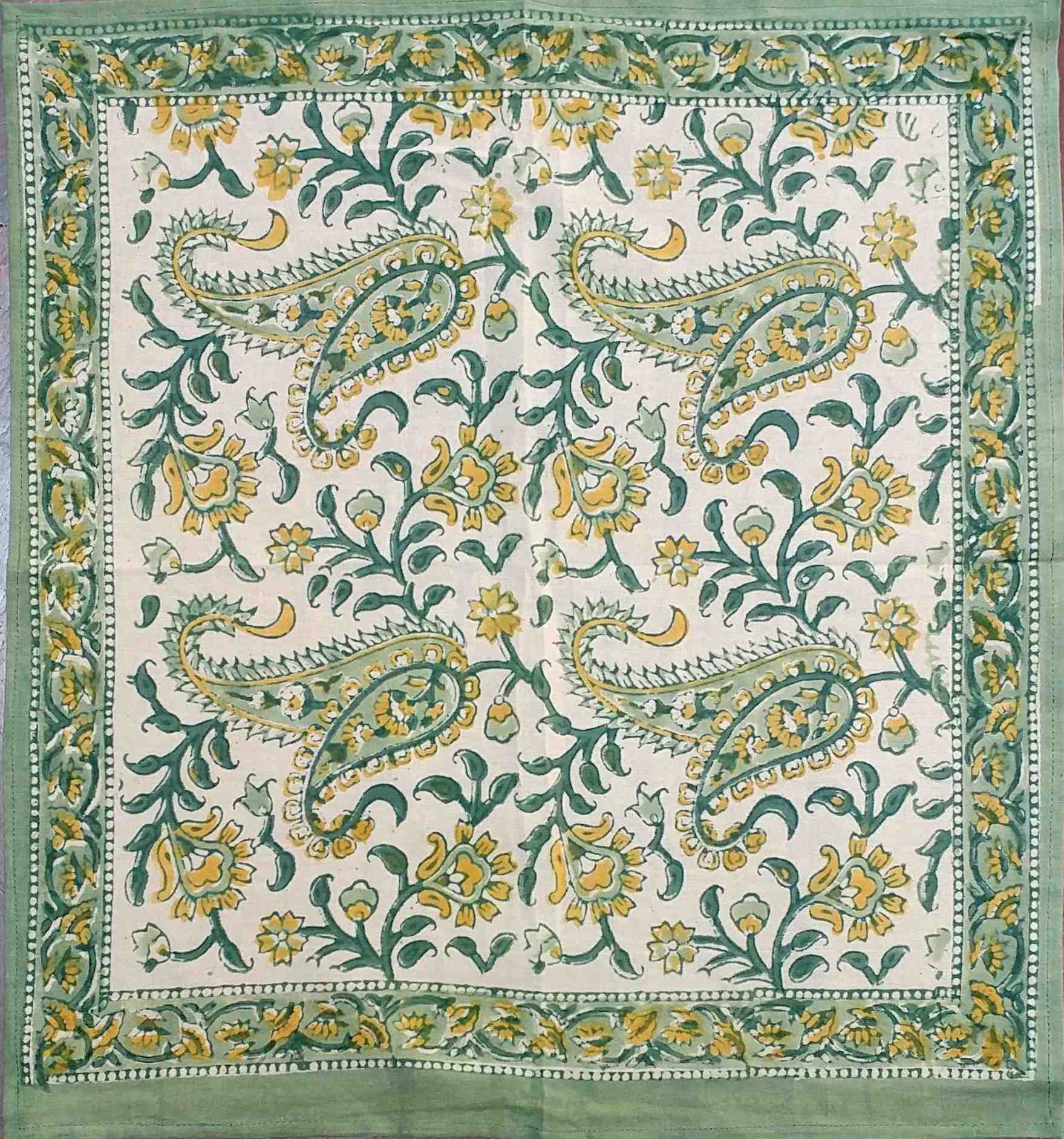 Floral Block Print Cotton Round Tablecloth Rectangle 60x90 Green Yellow Sq Linen - Sweet Us