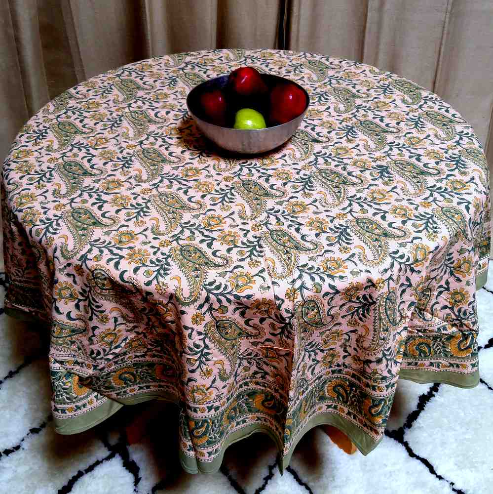 Floral Block Print Cotton Round Tablecloth Rectangle 60x90 Green Yellow Sq Linen - Sweet Us