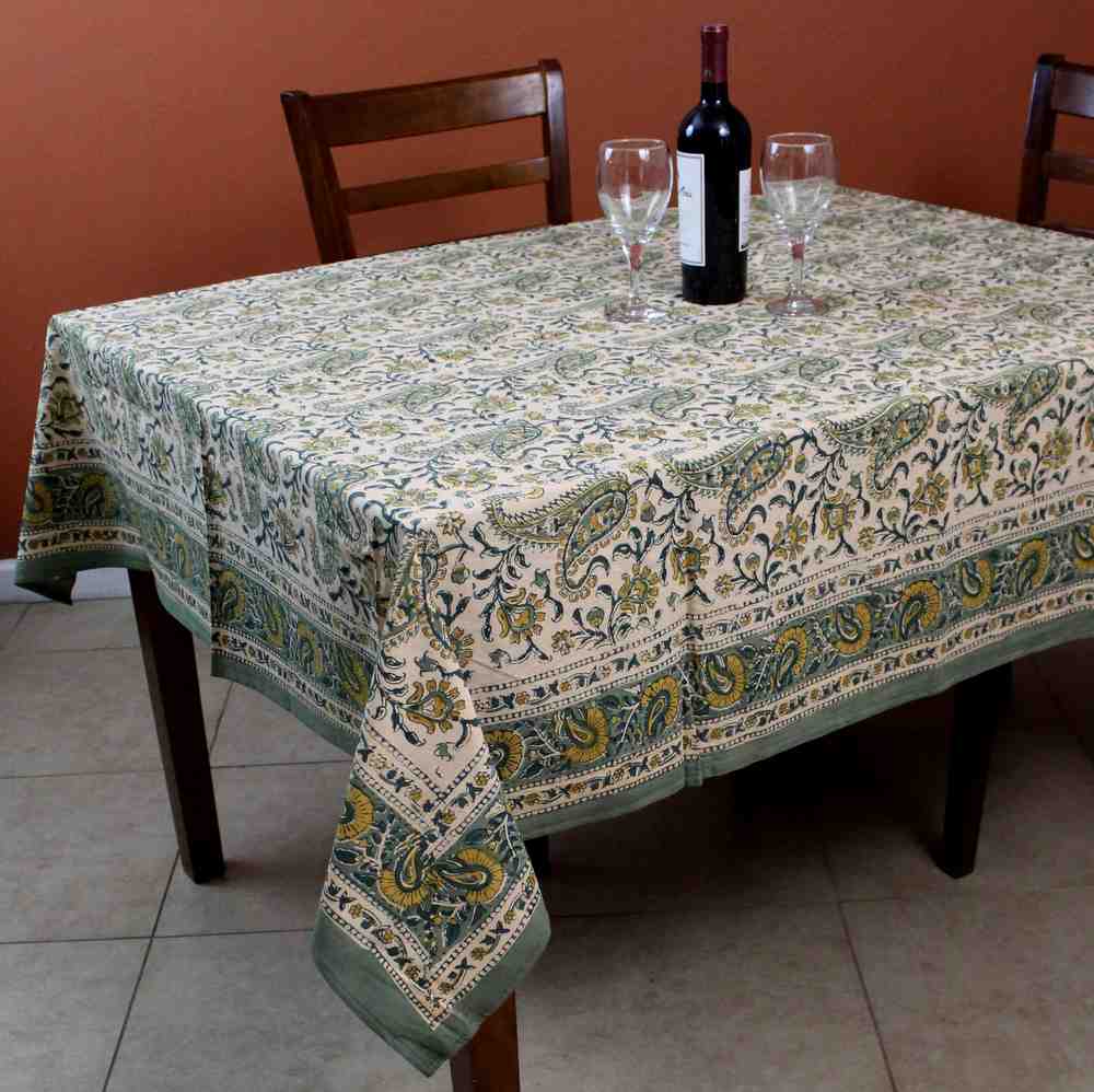 Floral Block Print Cotton Round Tablecloth Rectangle 60x90 Green Yellow Sq Linen - Sweet Us