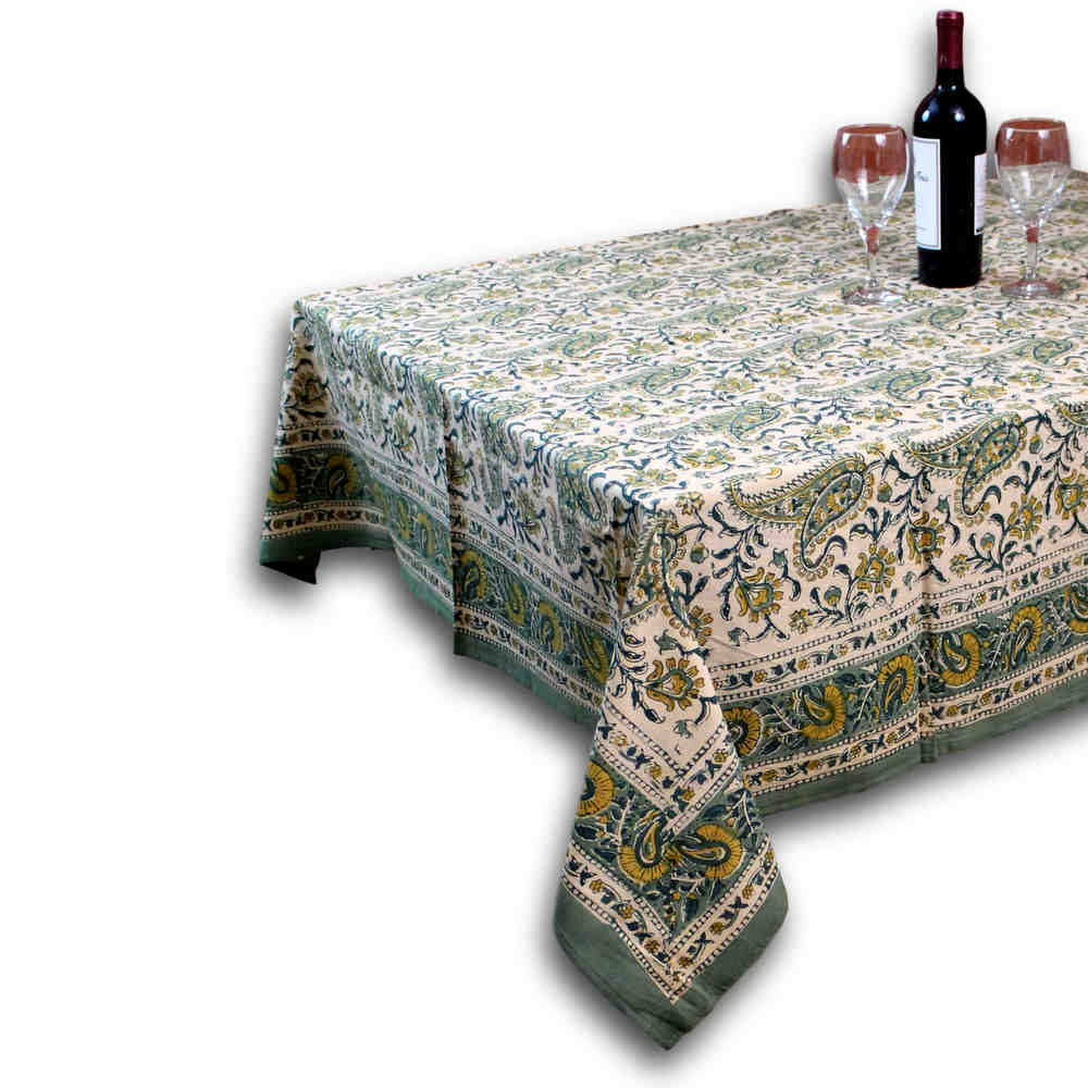 Floral Block Print Cotton Round Tablecloth Rectangle 60x90 Green Yellow Sq Linen - Sweet Us