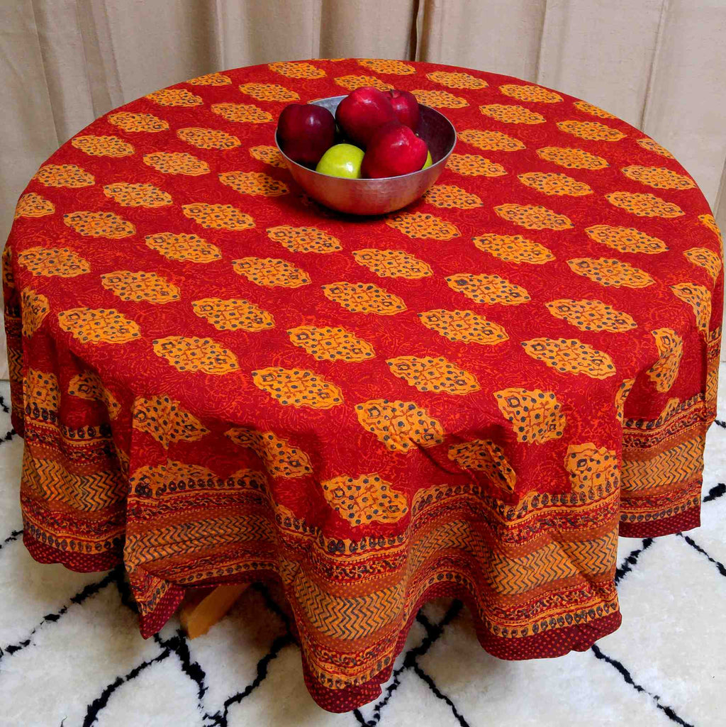 Cotton Kensington Block Print Tablecloth Rectangular Round Square Napkins Rust - Sweet Us