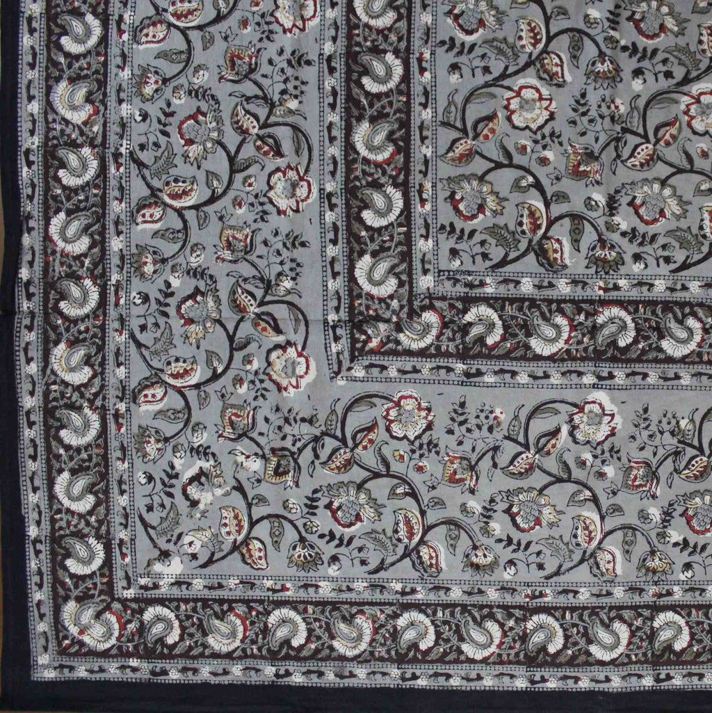 Floral Block Print Cotton Round Tablecloth Rectangle 60x90 Gray Brown Squ Linen - Sweet Us