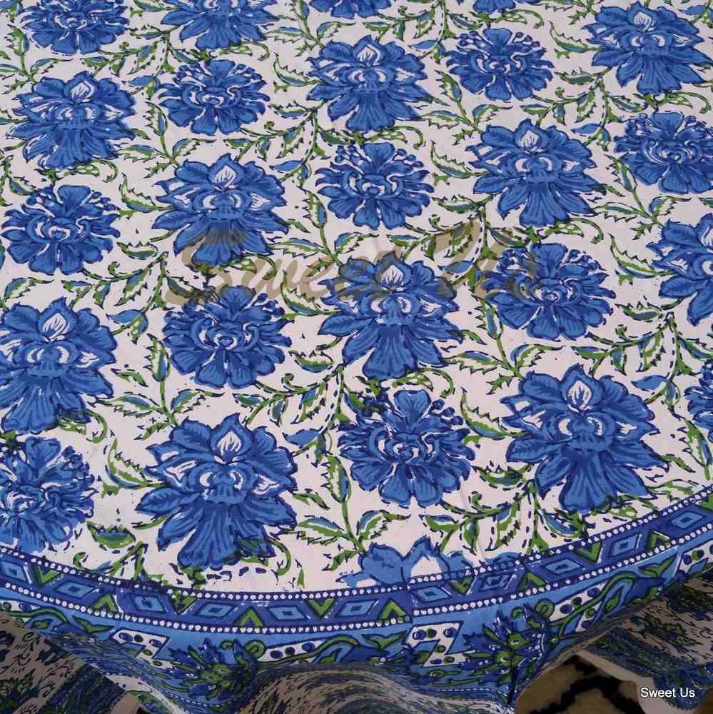 Cotton Block Print Lotus Flower Tablecloth Round Rectangular Square Blue - Sweet Us