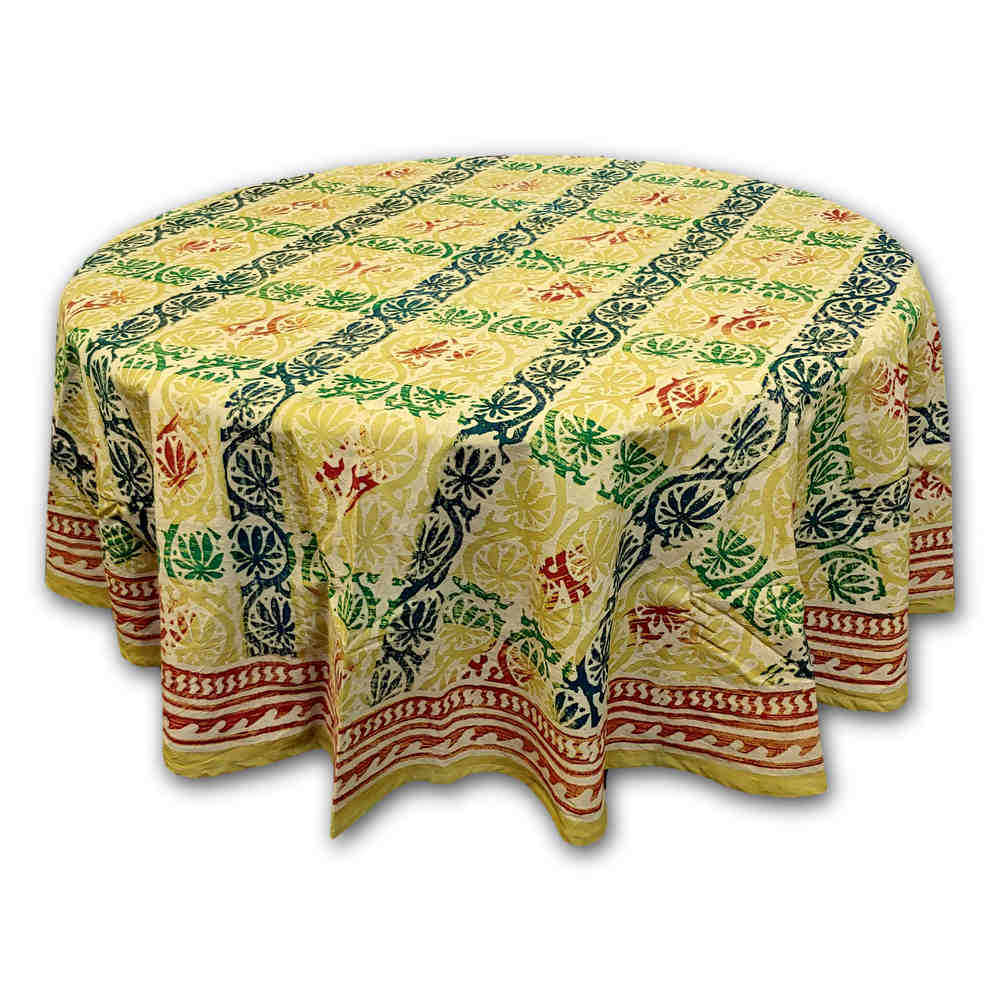 Hand Block Print Cotton Floral Tablecloth Round, Rectangular, Square Beige Green - Sweet Us