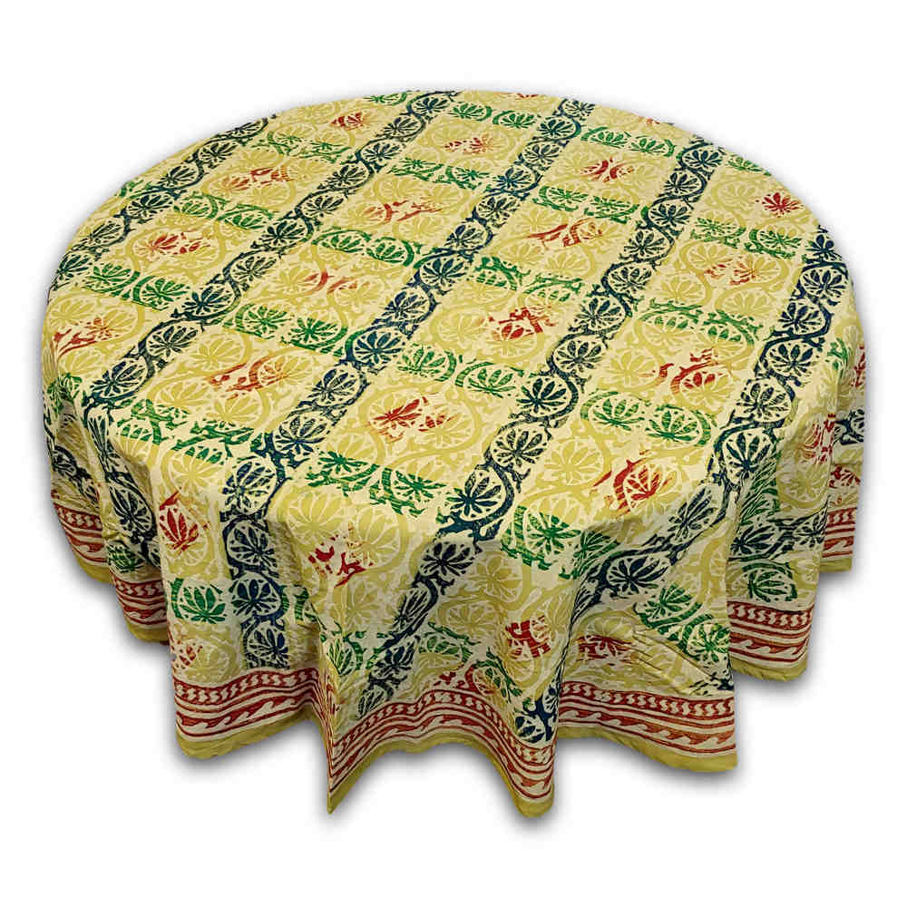 Hand Block Print Cotton Floral Tablecloth Round, Rectangular, Square Beige Green - Sweet Us