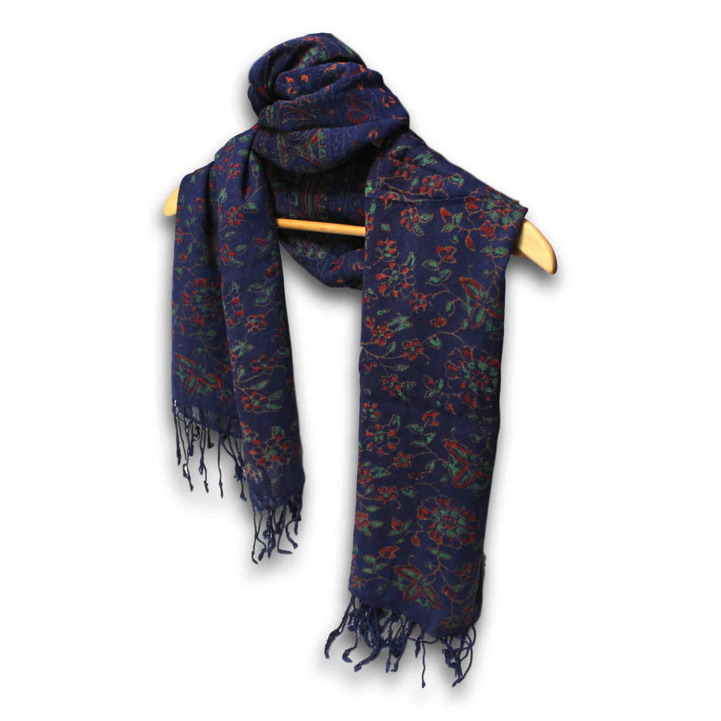 Block Print Floral Shawl with Fringes Rayon Scarf 24 x 66 inches Blue Red Green - Sweet Us