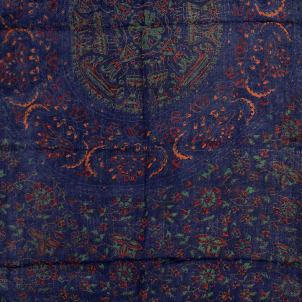 Block Print Floral Shawl with Fringes Rayon Scarf 24 x 66 inches Blue Red Green - Sweet Us