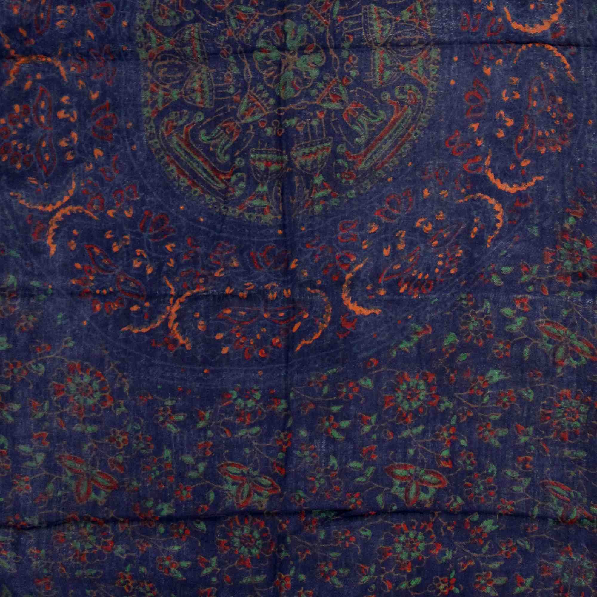 Block Print Floral Shawl with Fringes Rayon Scarf 24 x 66 inches Blue Red Green - Sweet Us