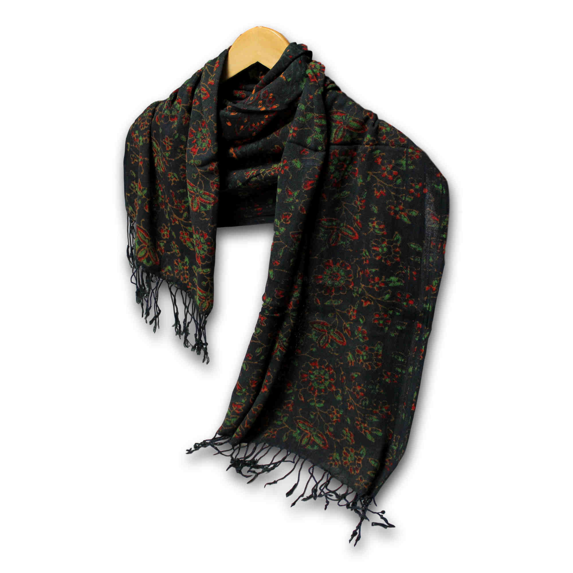 Block Print Floral Shawl with Fringes Rayon Scarf 24 x 66 inches Blue Red Green - Sweet Us