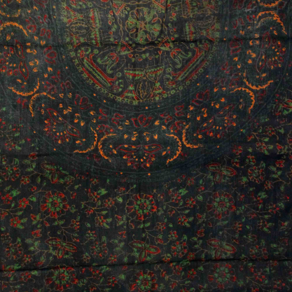 Block Print Floral Shawl with Fringes Rayon Scarf 24 x 66 inches Blue Red Green - Sweet Us