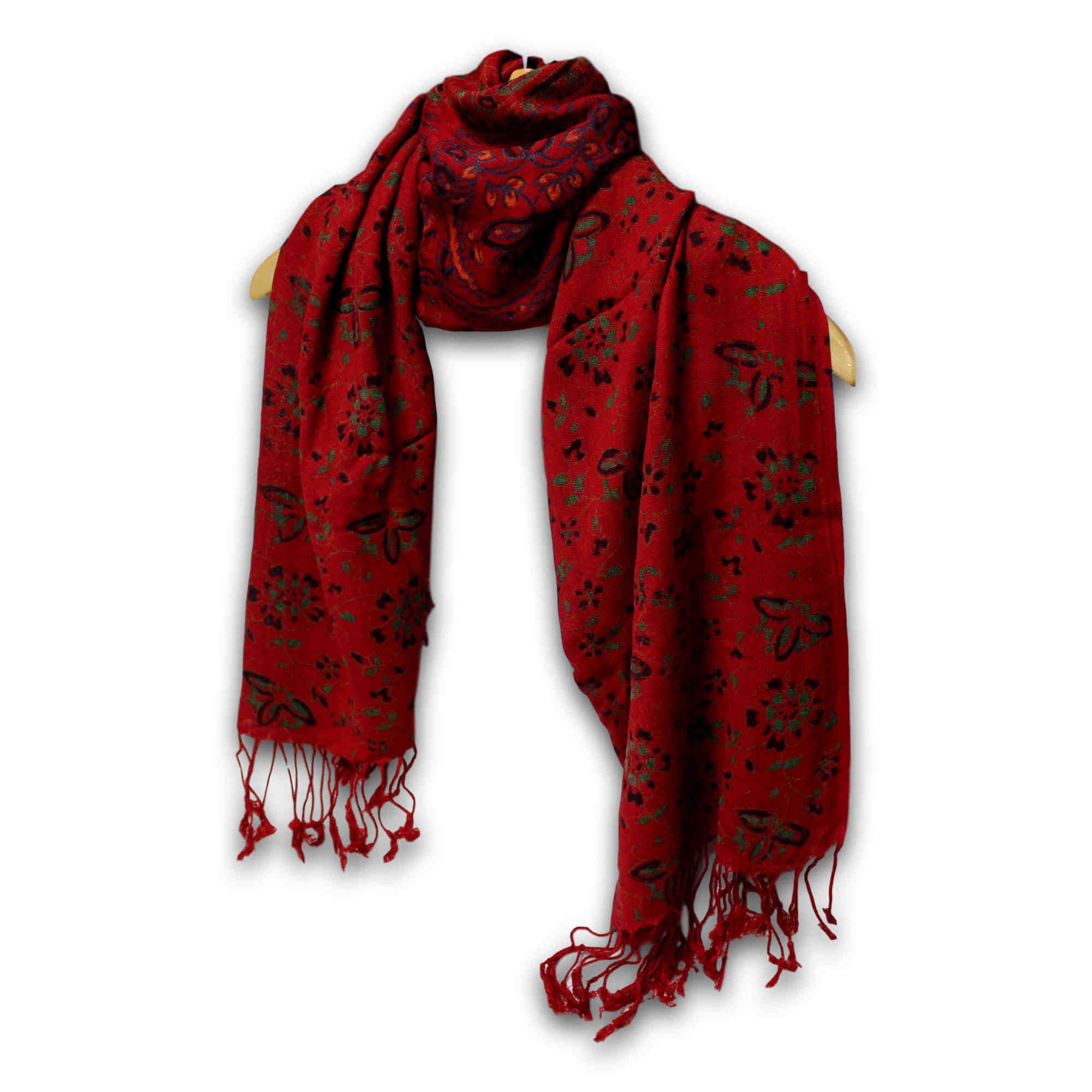 Block Print Floral Shawl with Fringes Rayon Scarf 24 x 66 inches Blue Red Green - Sweet Us