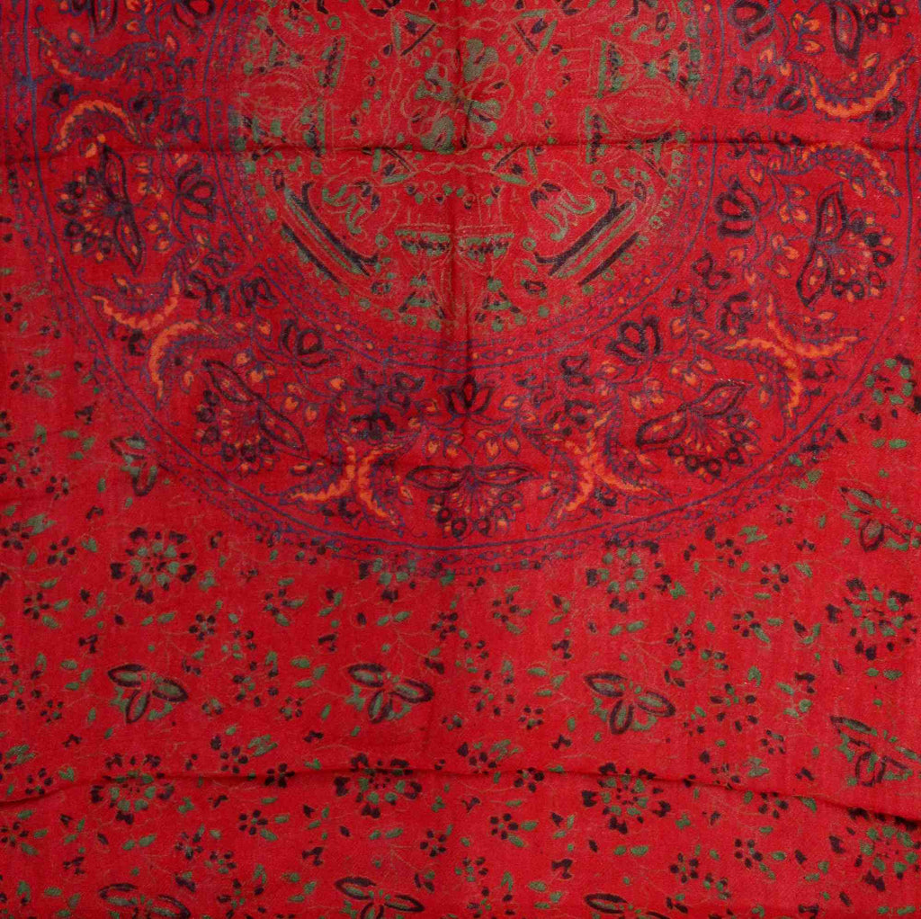 Block Print Floral Shawl with Fringes Rayon Scarf 24 x 66 inches Blue Red Green - Sweet Us