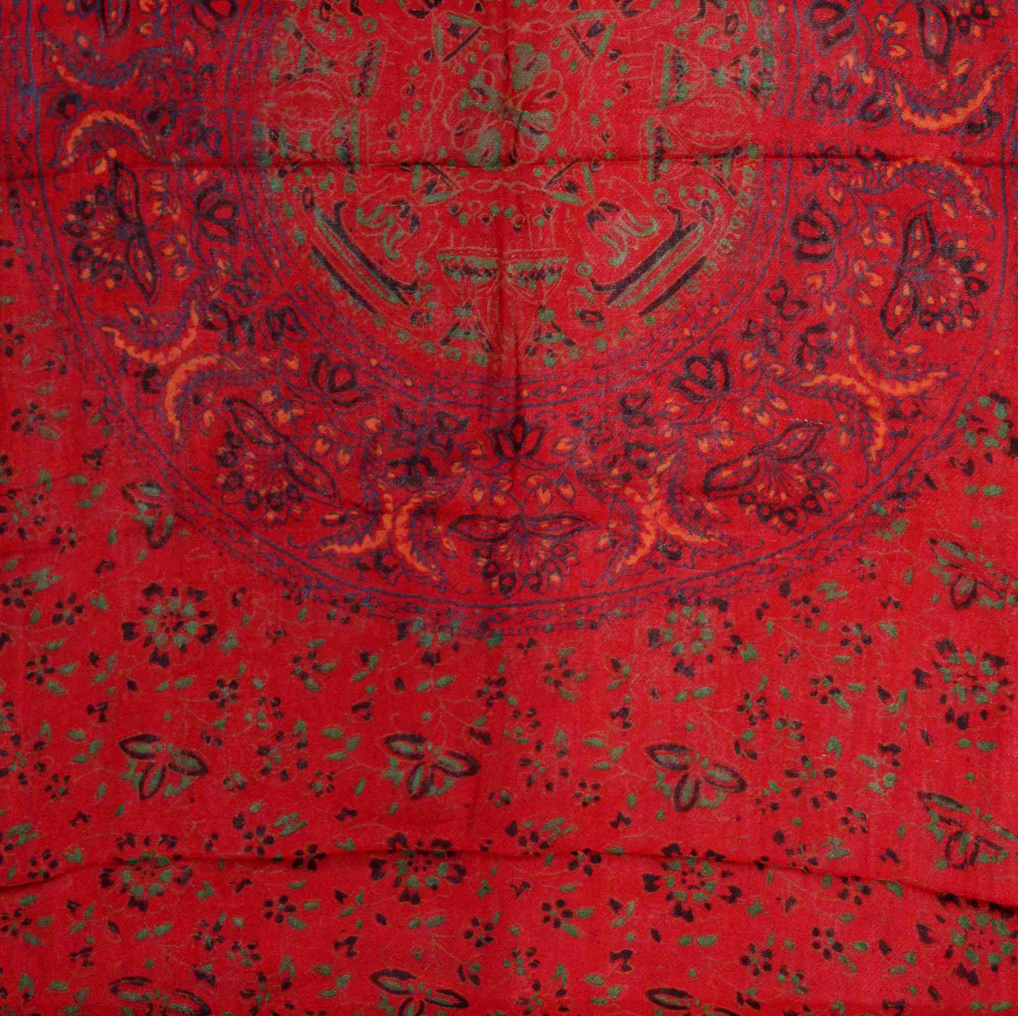 Block Print Floral Shawl with Fringes Rayon Scarf 24 x 66 inches Blue Red Green - Sweet Us