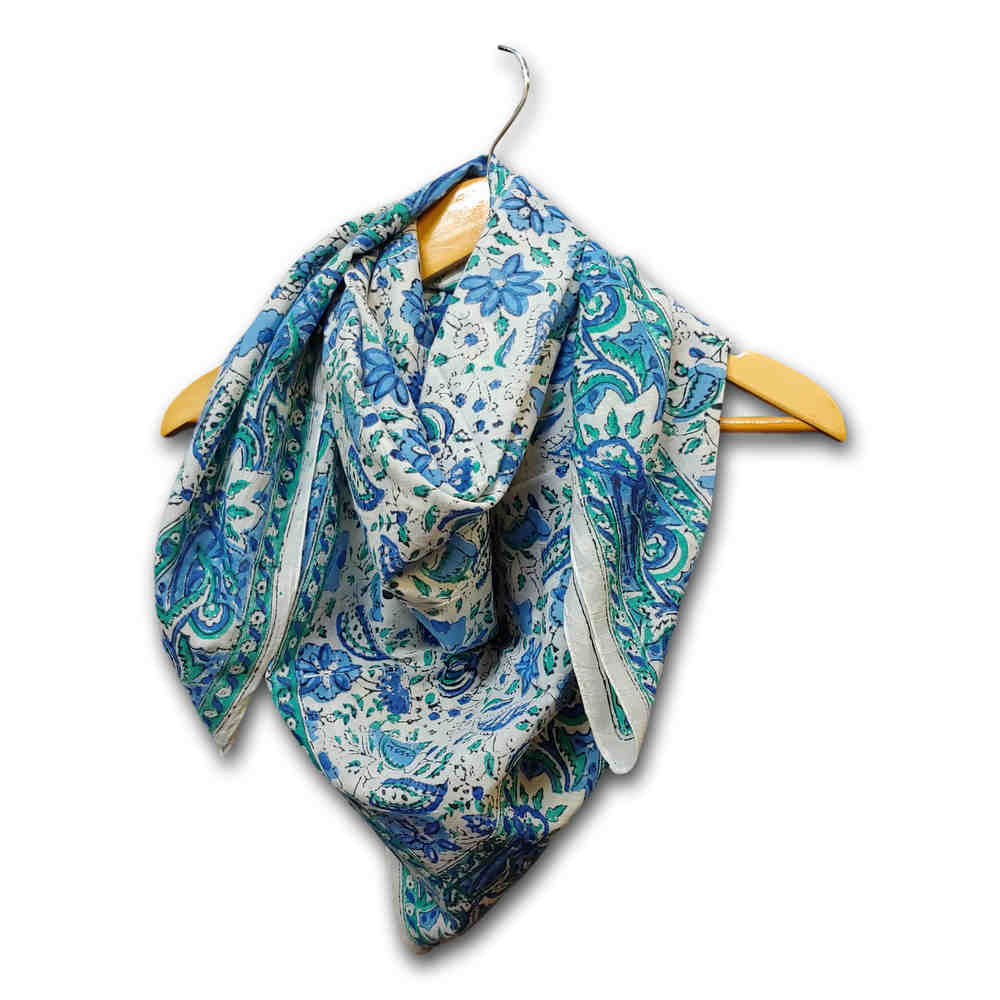 Large Cotton Block Print Summer Scarf for Women Lightweight Soft Sheer Blue Green - Sweet Us