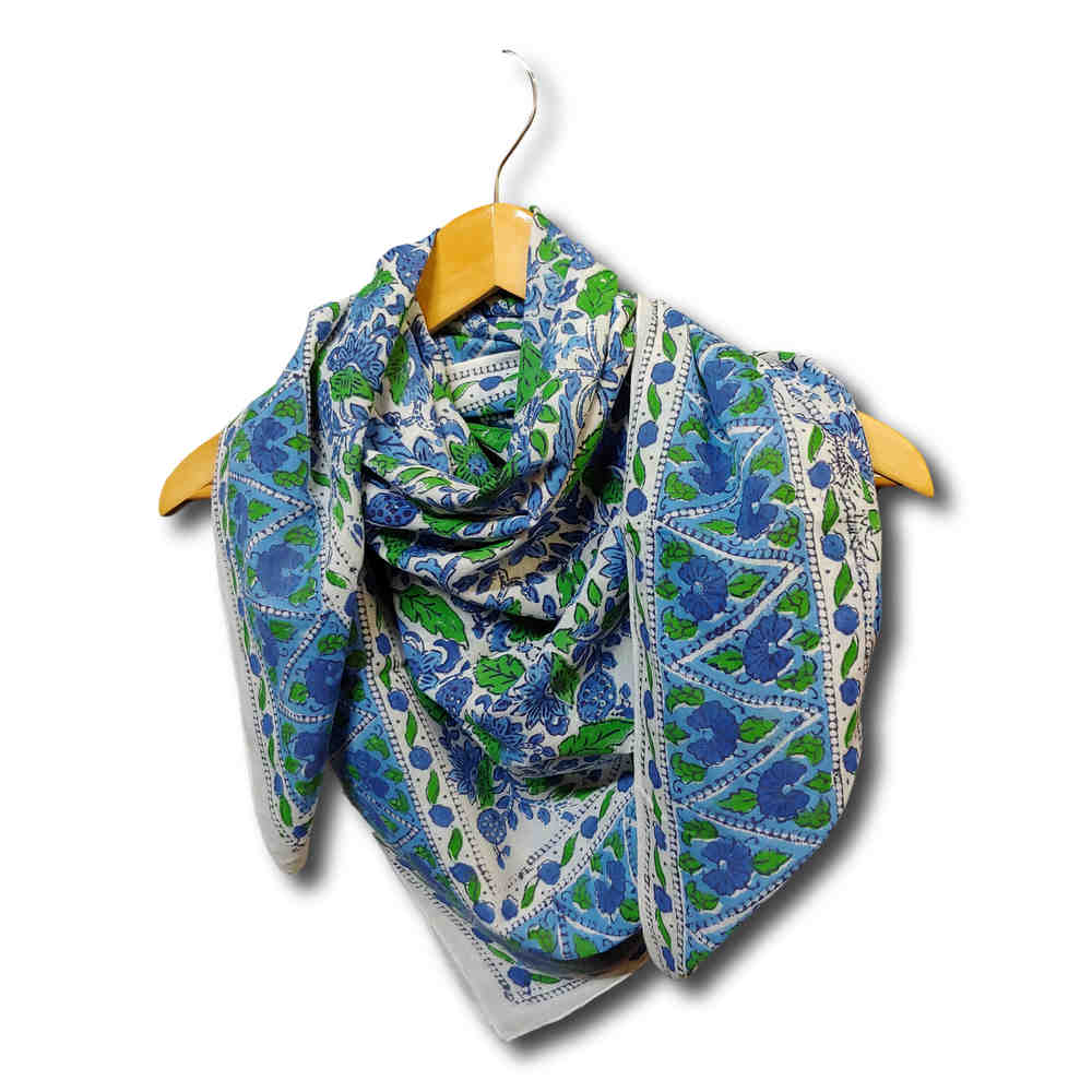 Large Cotton Block Print Summer Scarf for Women Lightweight Soft Sheer Blue Green - Sweet Us