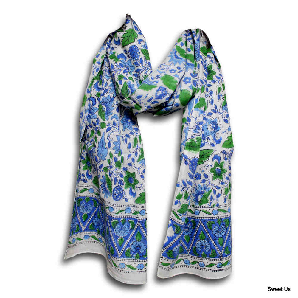 Fiorella Lightweight Soft Cotton Floral Scarf for Women, Emerald Sea