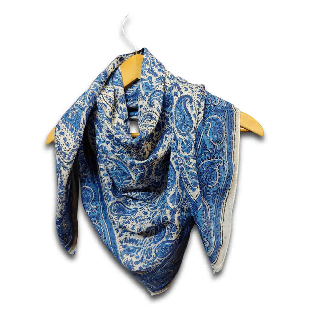Large Cotton Block Print Summer Paisley Scarf for Women Lightweight Soft Blue - Sweet Us