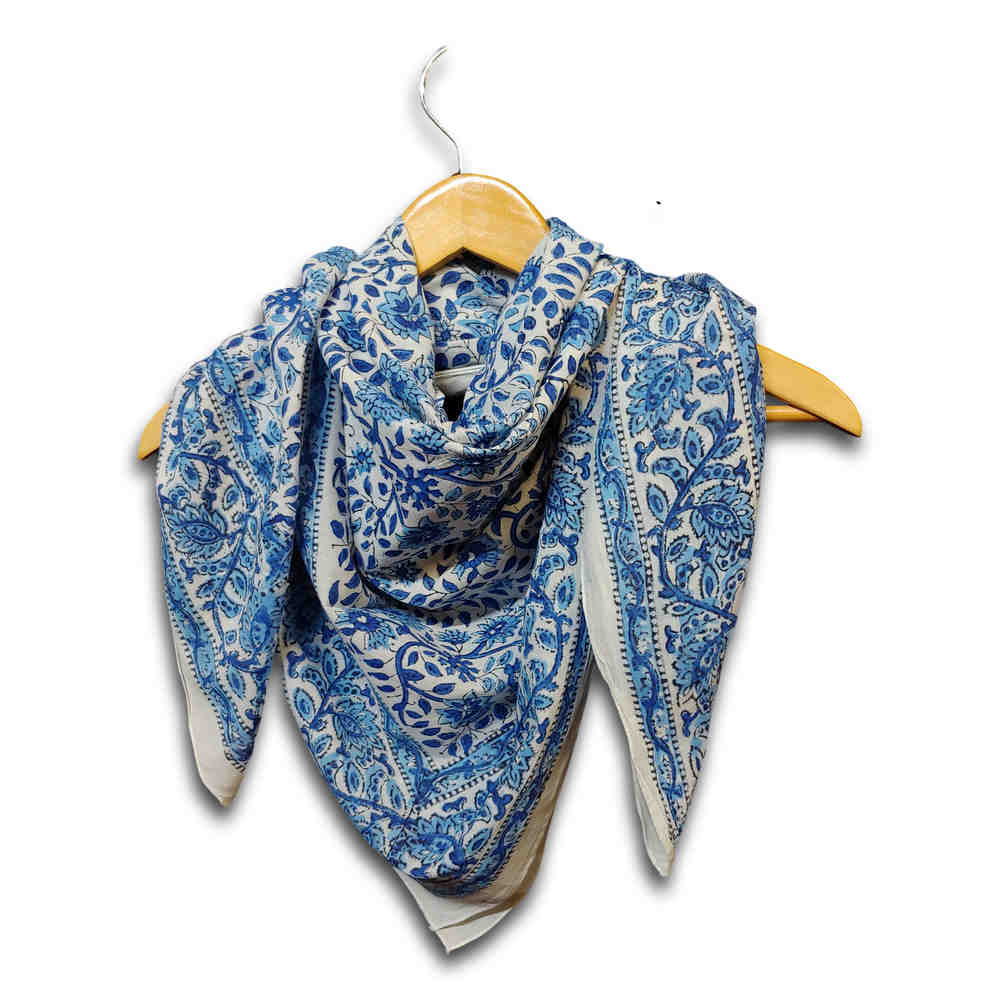 Large Cotton Block Print Summer Scarf for Women Lightweight Soft Sheer Blue - Sweet Us