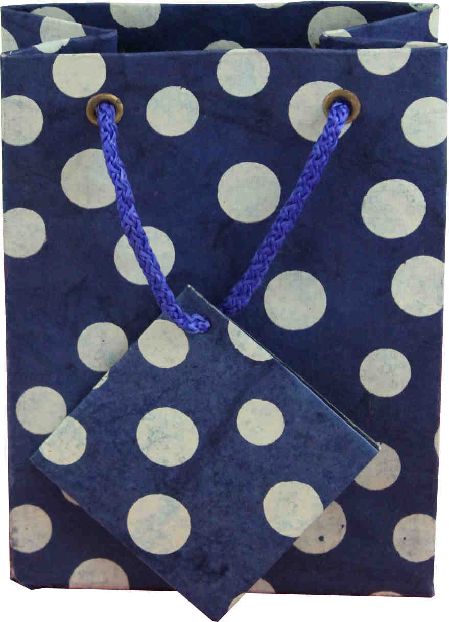Handcrafted Recycled Paper Polka Dot Gift Bags w/ Gift Tag Set of 6 Blue White - Sweet Us
