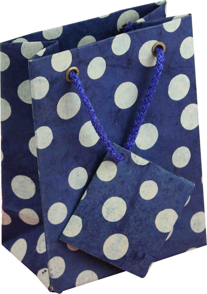Handcrafted Recycled Paper Polka Dot Gift Bags w/ Gift Tag Set of 6 Blue White - Sweet Us
