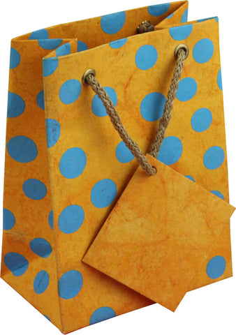 Handcrafted Recycled Paper Polka Dot Gift Bags w/ Gift Tag Set of 6 Yellow Blue - Sweet Us
