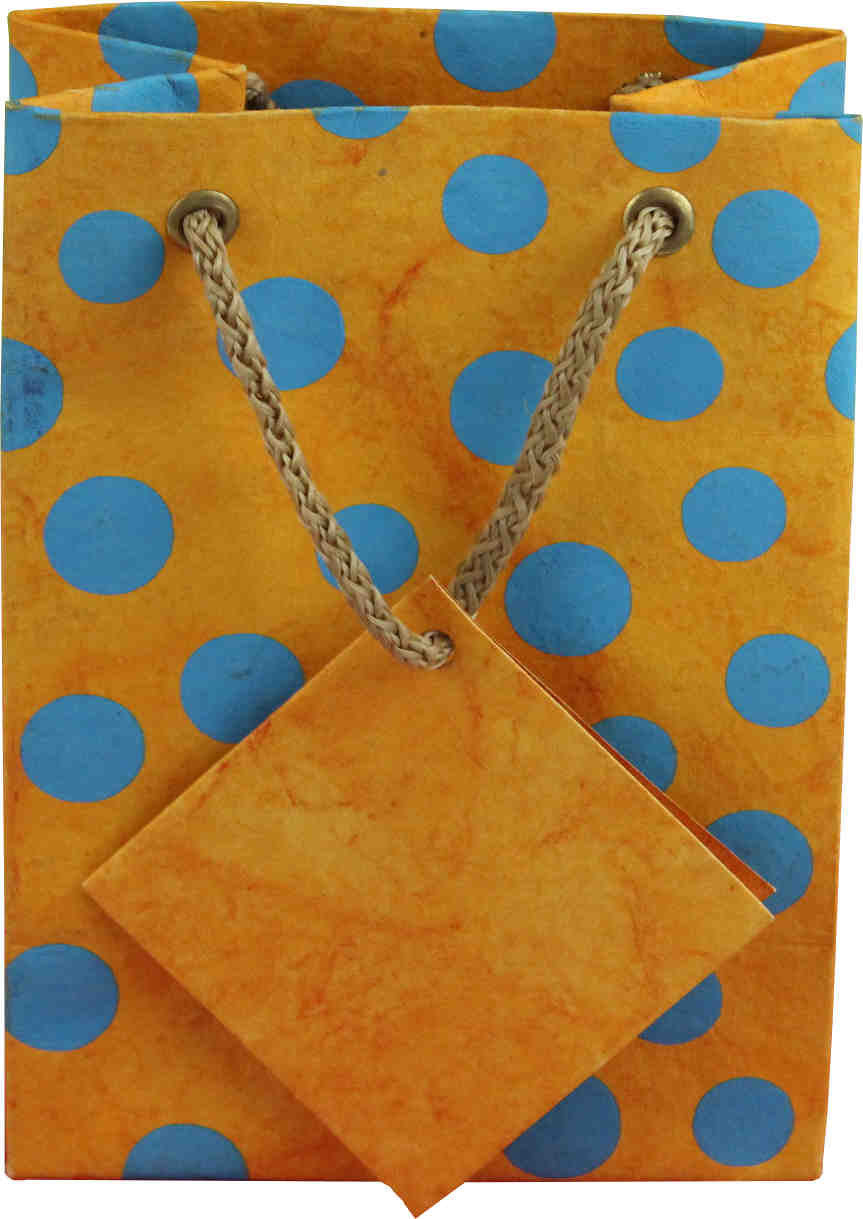 Handcrafted Recycled Paper Polka Dot Gift Bags w/ Gift Tag Set of 6 Yellow Blue - Sweet Us