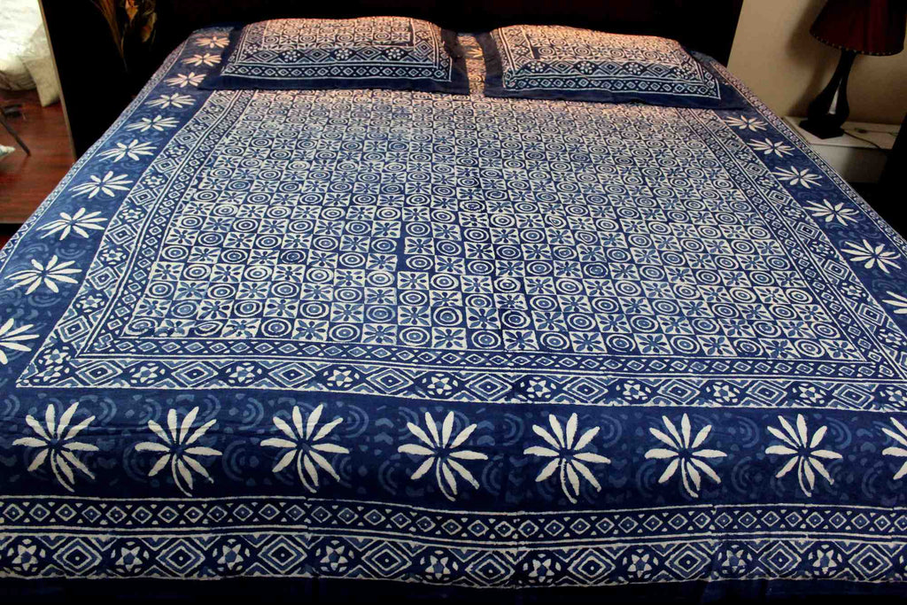 Reversible Duvet Cover Block Print Cotton Floral Indigo Dabu Full Queen - Sweet Us