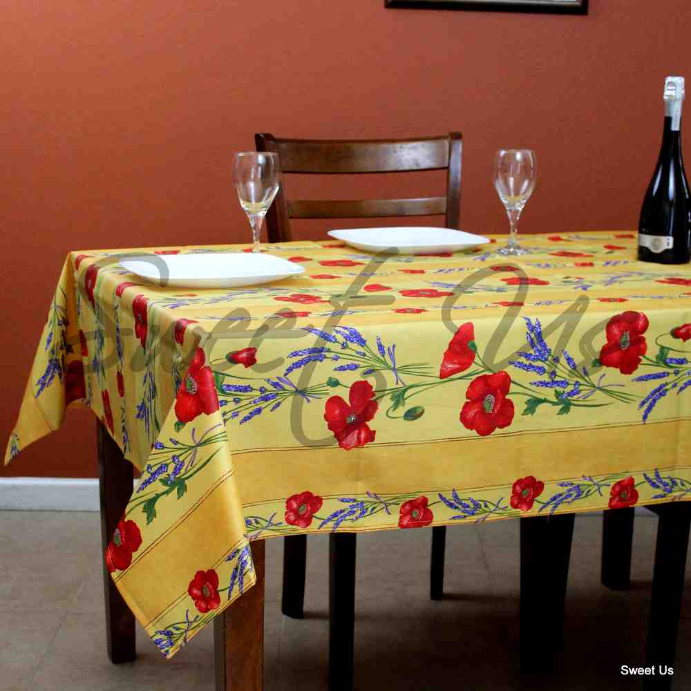 Wipeable Tablecloth Rectangle Spillproof French Acrylic Coated Poppy, Yellow